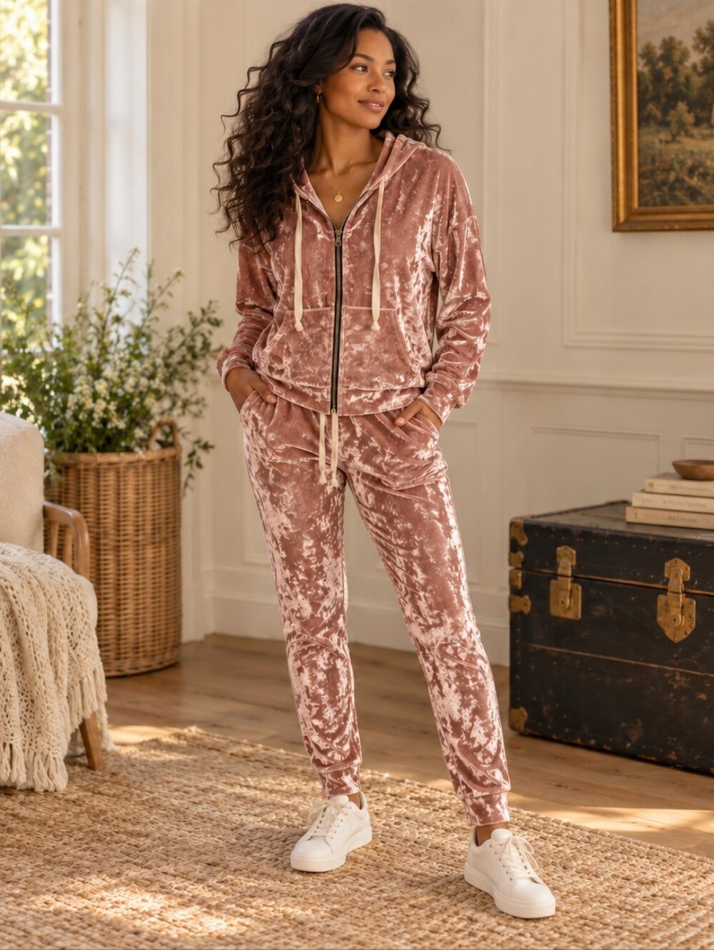 POL Dusty Rose Crushed Velvet Hoodie Jogger Set Size S